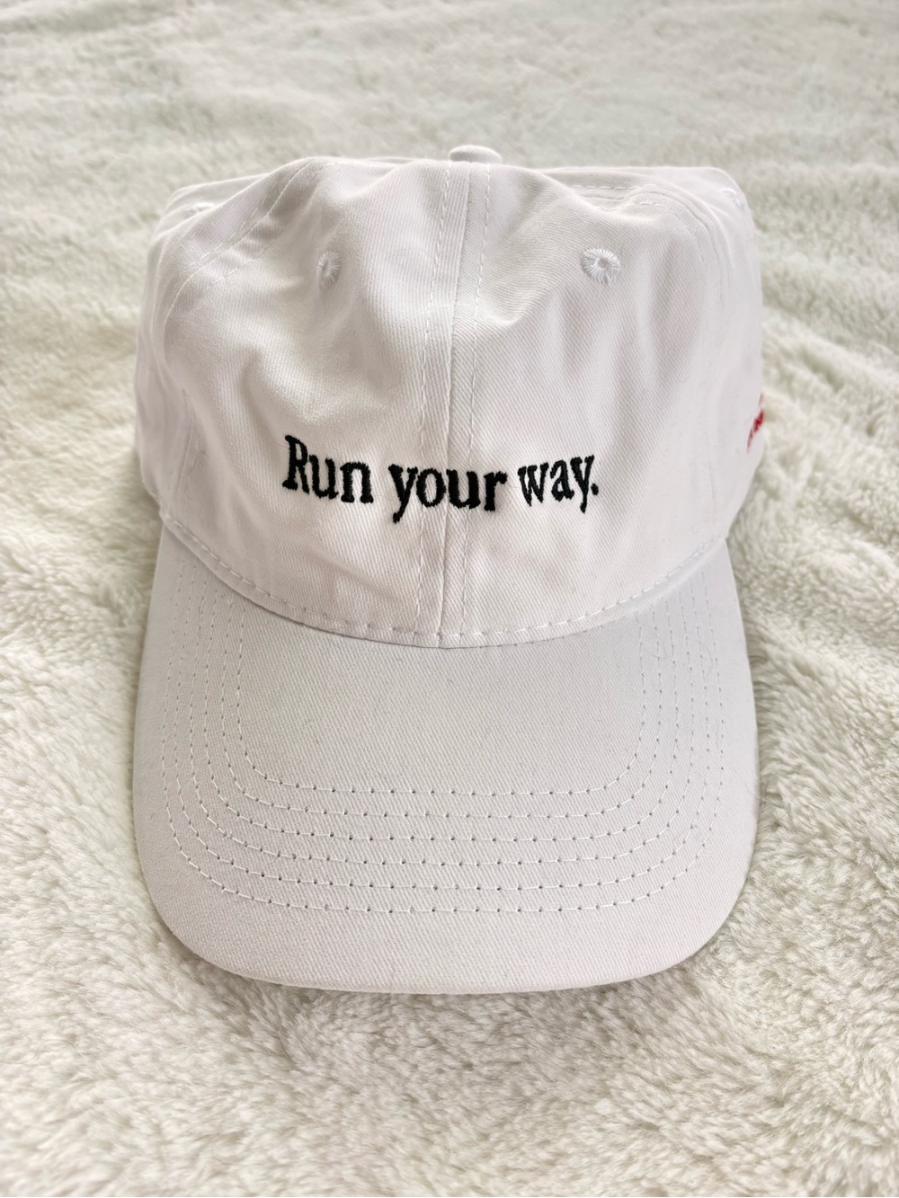 New Balance White Cap with Black "Run your way." Embroidery